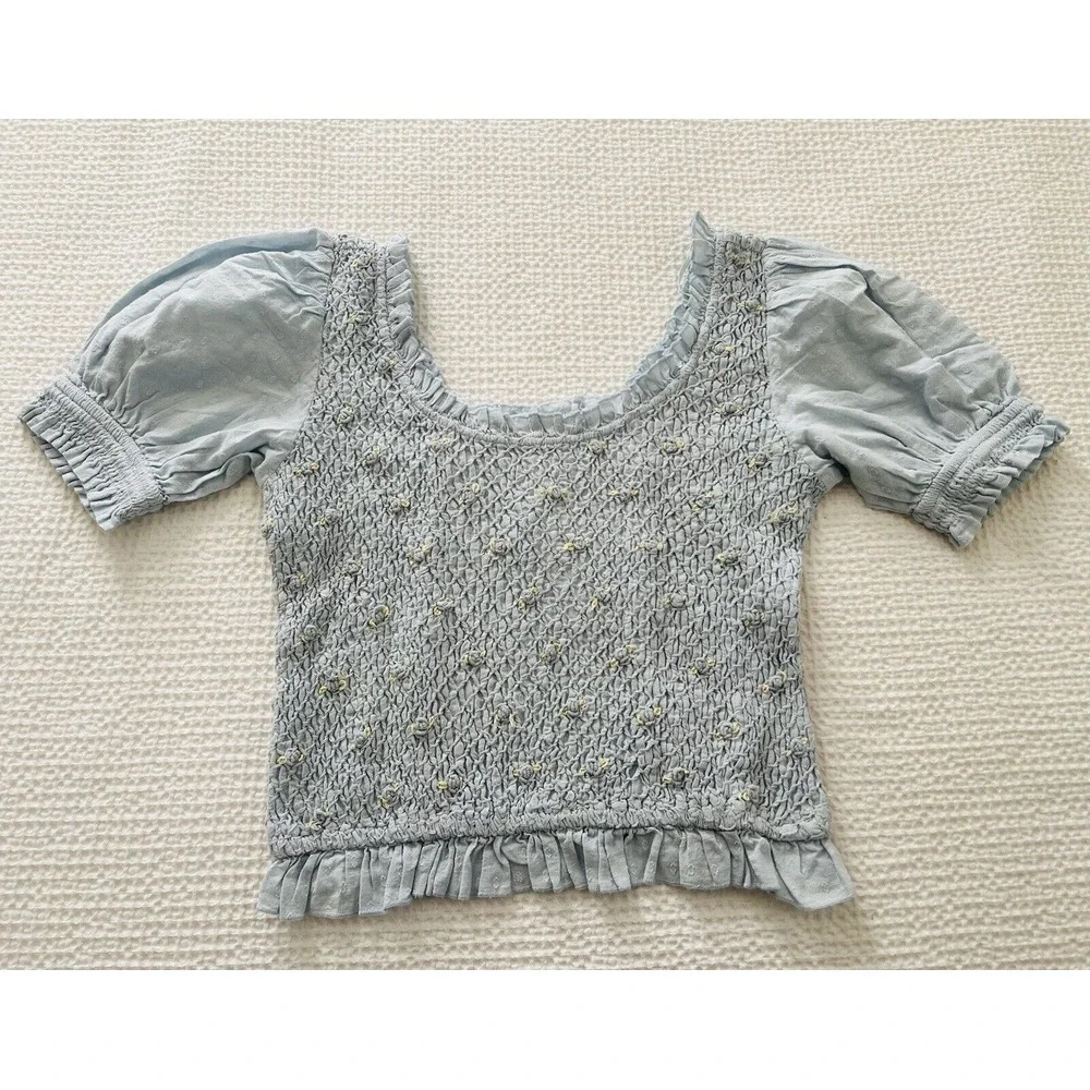 Free People Cecelia Puff Sleeve Smocked embroidered‎ Rosette Cute Top Size L $98